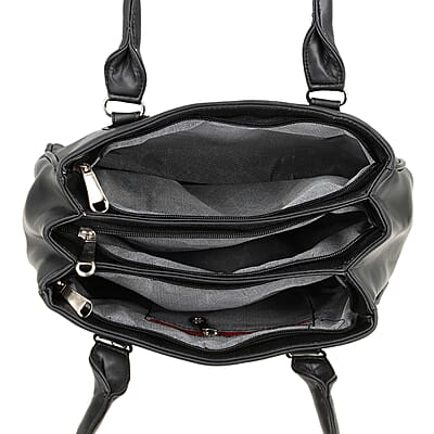Black Faux Leather 3 Compartment Handbag with Dual Handles