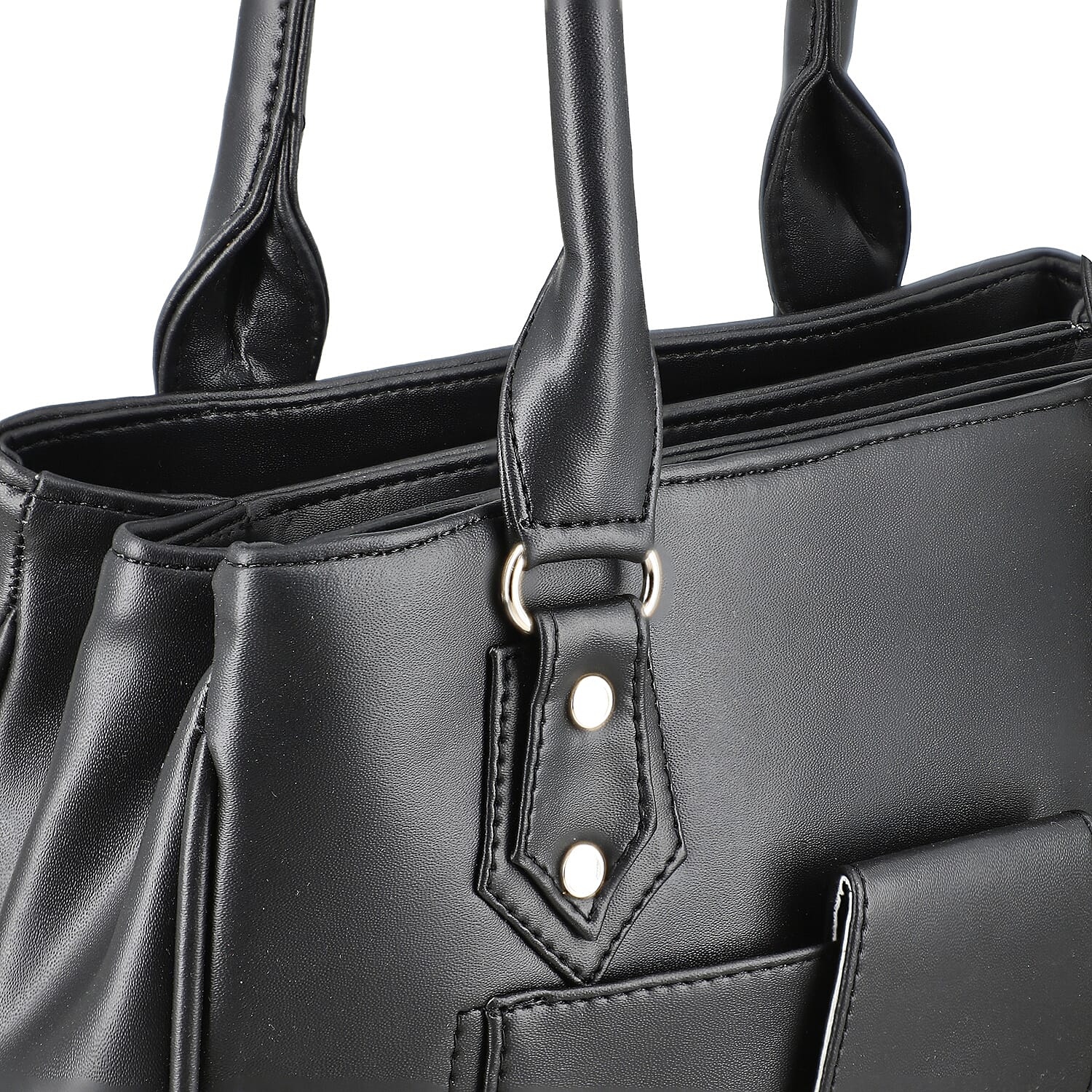 Black Faux Leather 3 Compartment Handbag with Dual Handles