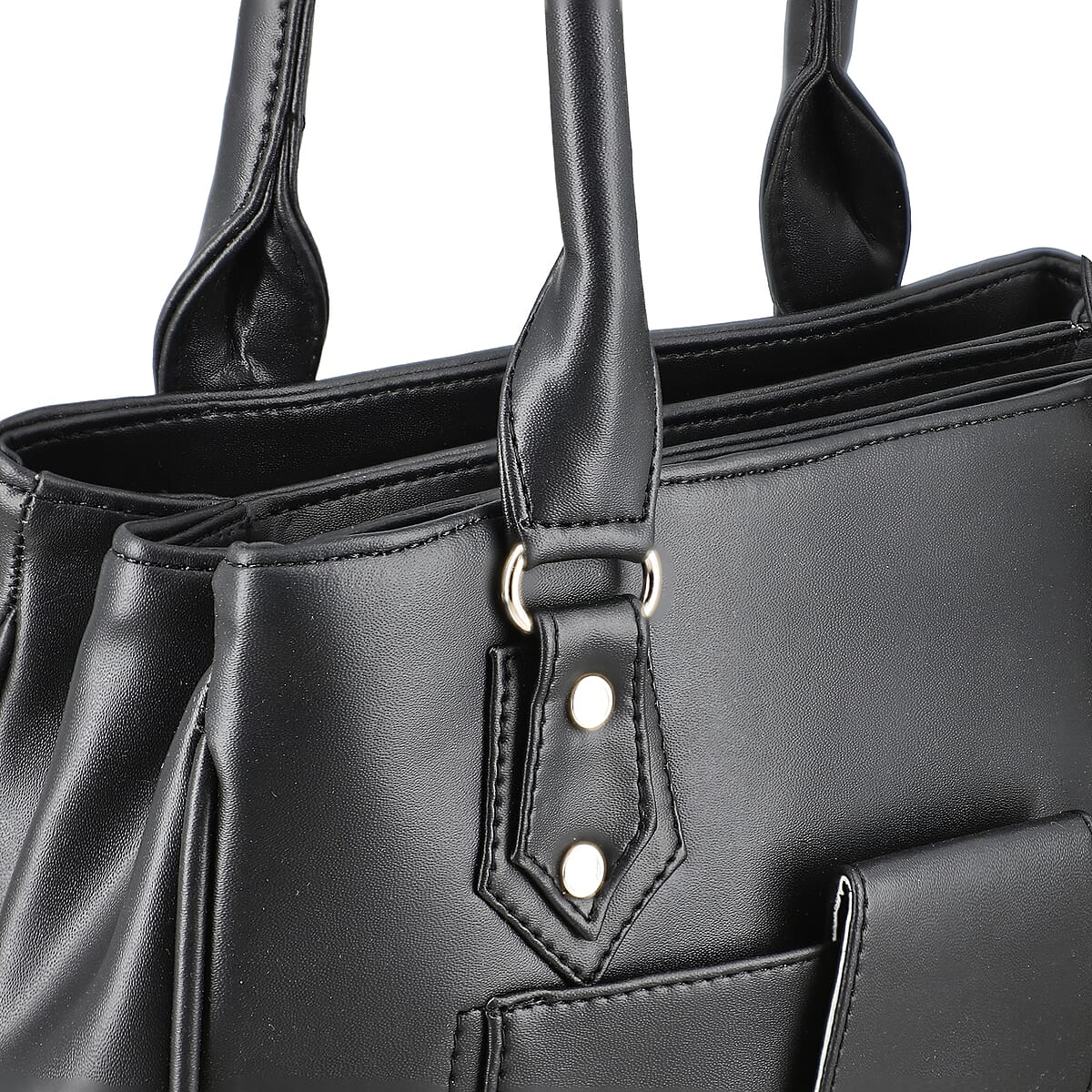 Black Faux Leather 3 Compartment Handbag with Dual Handles image number 6