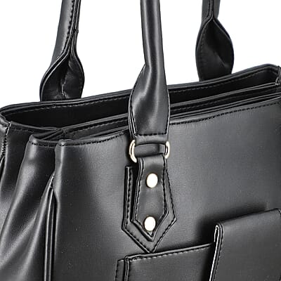 Black Faux Leather 3 Compartment Handbag with Dual Handles
