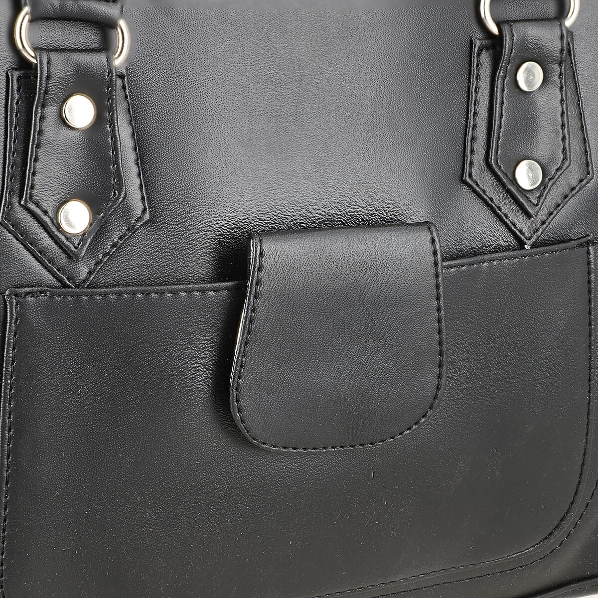 Black Faux Leather 3 Compartment Handbag with Dual Handles image number 7