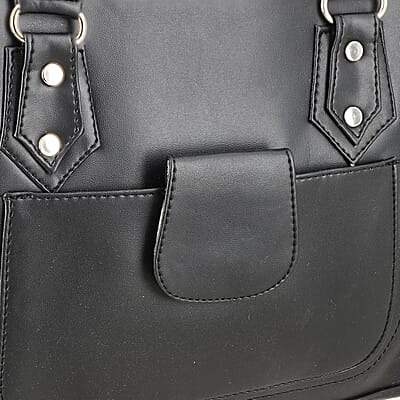 Black Faux Leather 3 Compartment Handbag with Dual Handles