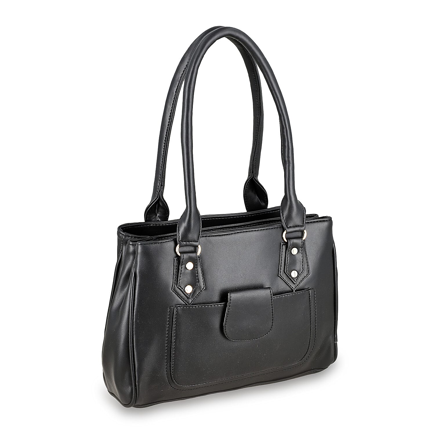Black Faux Leather 3 Compartment Handbag with Dual Handles