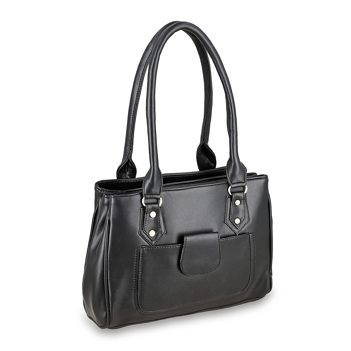 Black Faux Leather 3 Compartment Handbag with Dual Handles image number 8