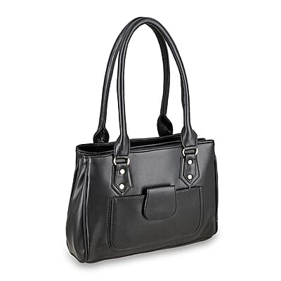 Black Faux Leather 3 Compartment Handbag with Dual Handles