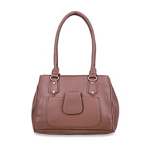 Chocolate Faux Leather 3 Compartment Handbag with Dual Handles