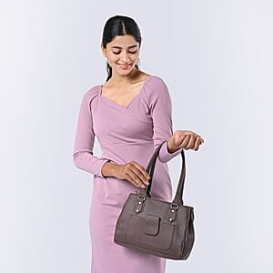 Chocolate Faux Leather 3 Compartment Handbag with Dual Handles