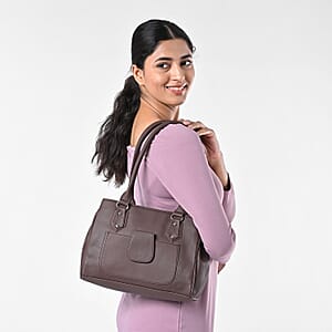 Chocolate Faux Leather 3 Compartment Handbag with Dual Handles