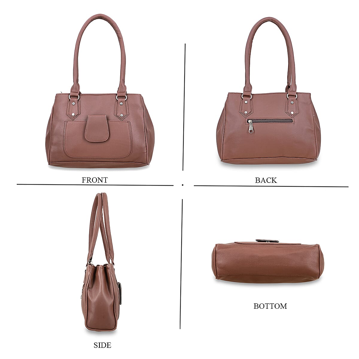 Chocolate Faux Leather 3 Compartment Handbag with Dual Handles image number 4