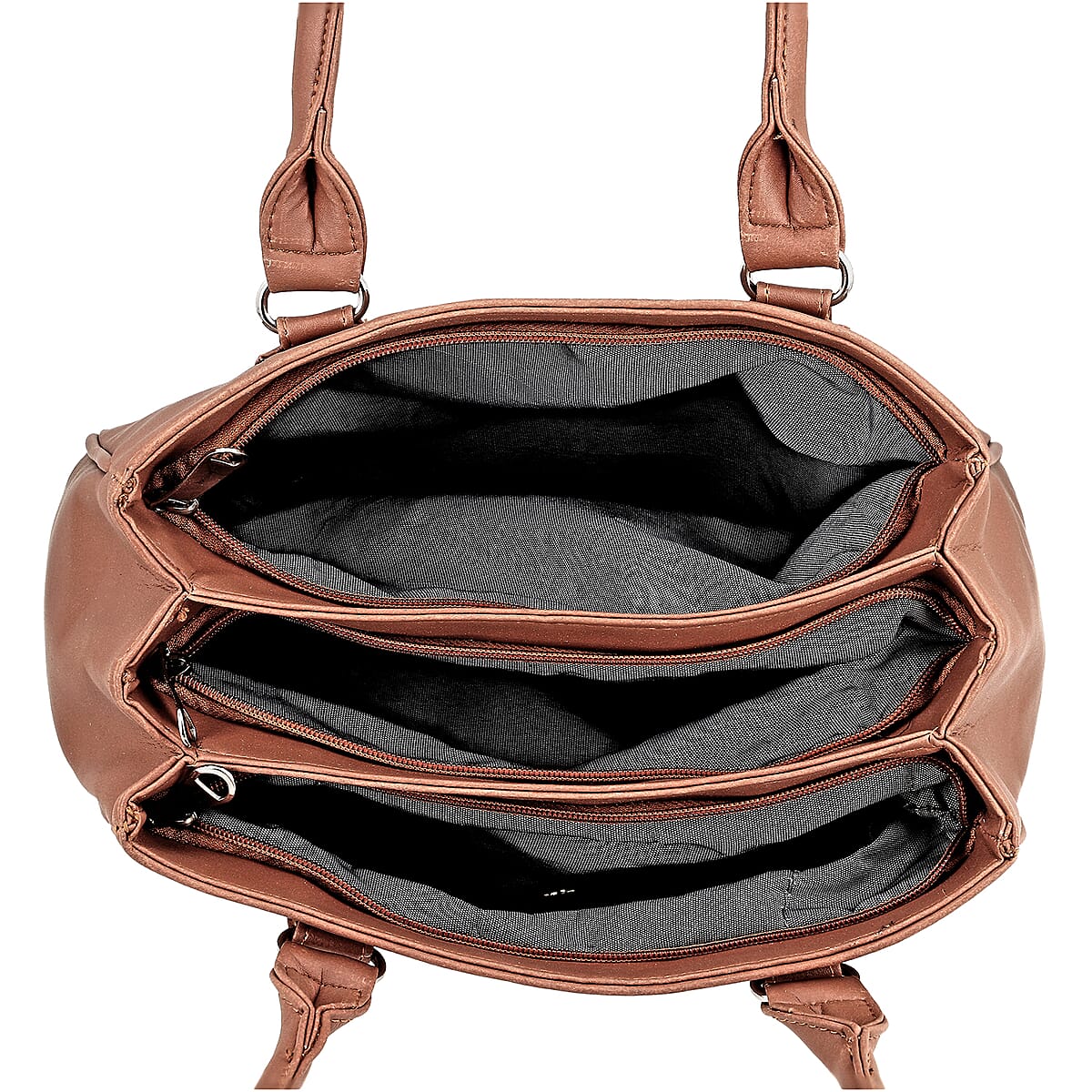 Chocolate Faux Leather 3 Compartment Handbag with Dual Handles image number 5