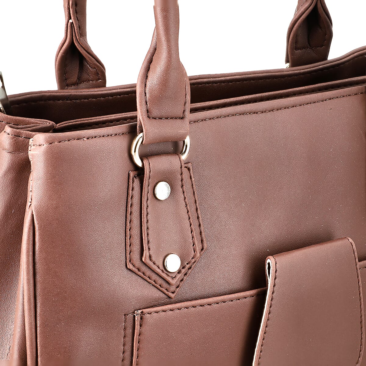 Chocolate Faux Leather 3 Compartment Handbag with Dual Handles image number 6