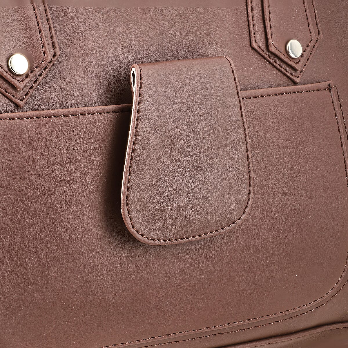 Chocolate Faux Leather 3 Compartment Handbag with Dual Handles image number 7