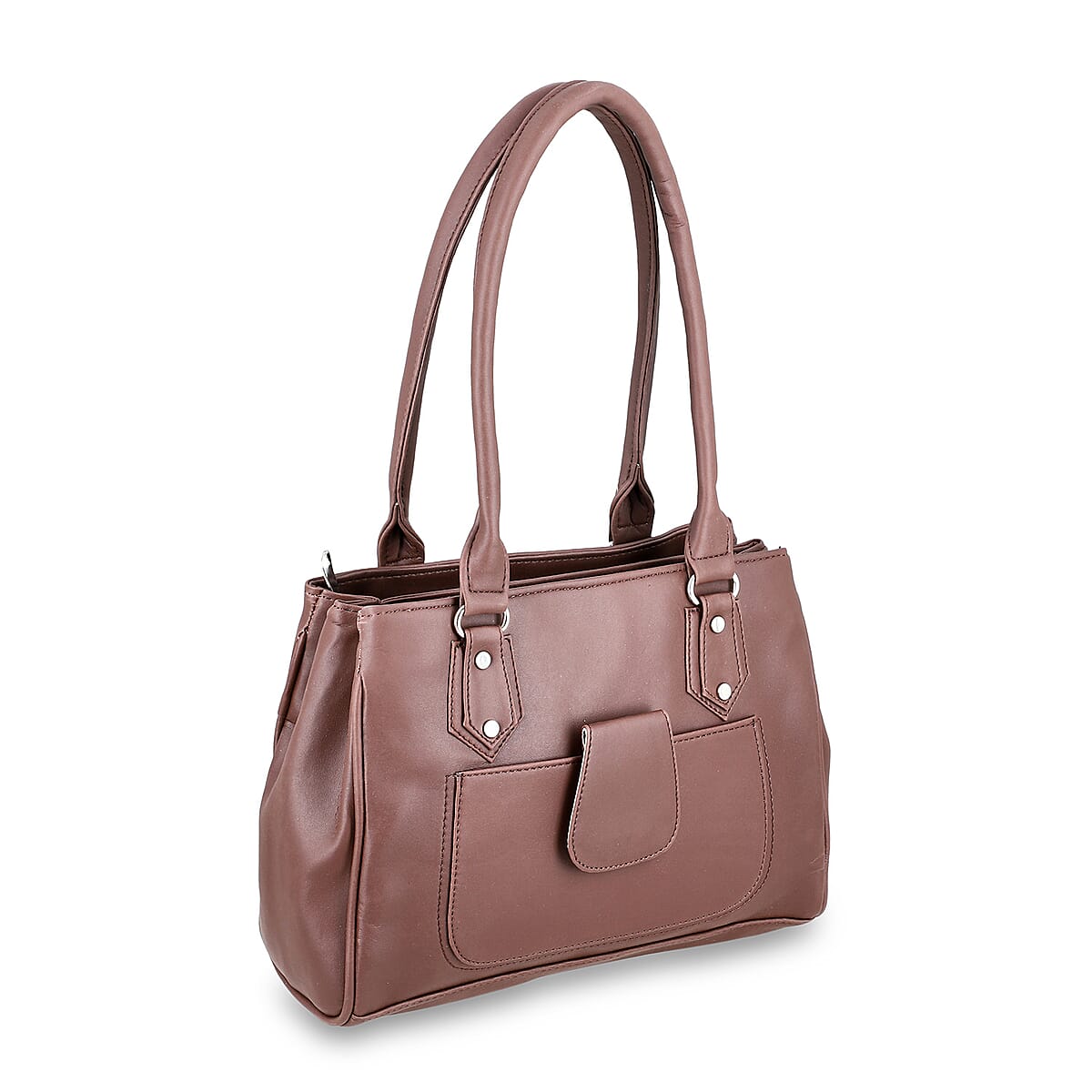 Chocolate Faux Leather 3 Compartment Handbag with Dual Handles image number 8