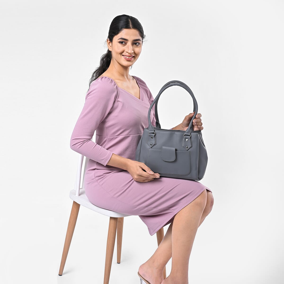 Gray Faux Leather 3 Compartment Handbag with Dual Handles image number 3