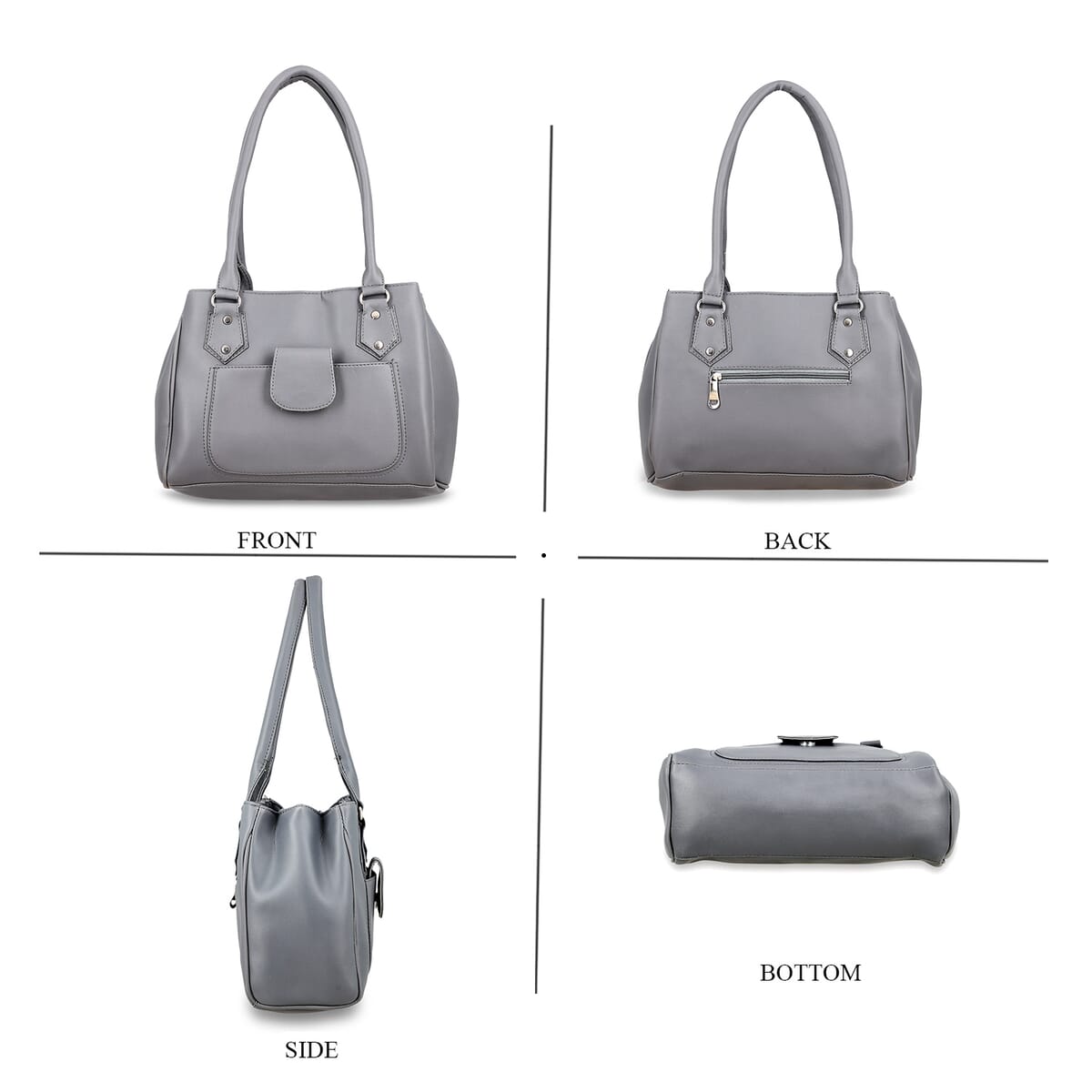 Gray Faux Leather 3 Compartment Handbag with Dual Handles image number 4