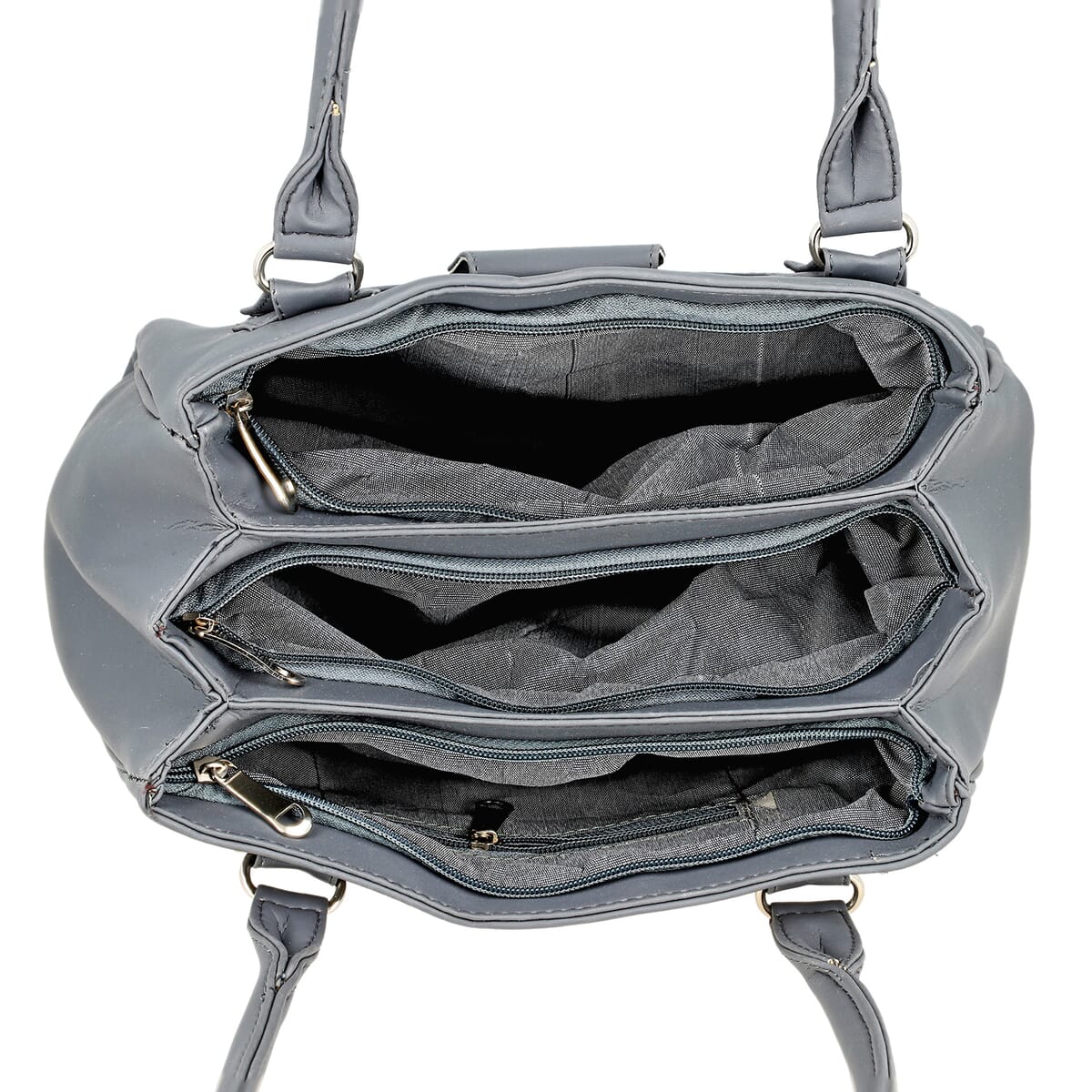 Gray Faux Leather 3 Compartment Handbag with Dual Handles image number 5