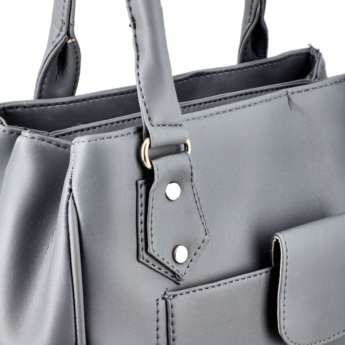 Gray Faux Leather 3 Compartment Handbag with Dual Handles image number 6