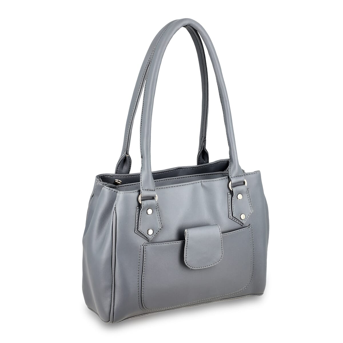 Gray Faux Leather 3 Compartment Handbag with Dual Handles image number 8