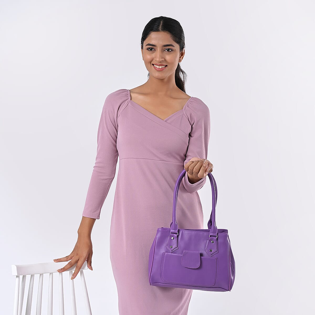 Purple Faux Leather 3 Compartment Handbag with Dual Handles image number 1