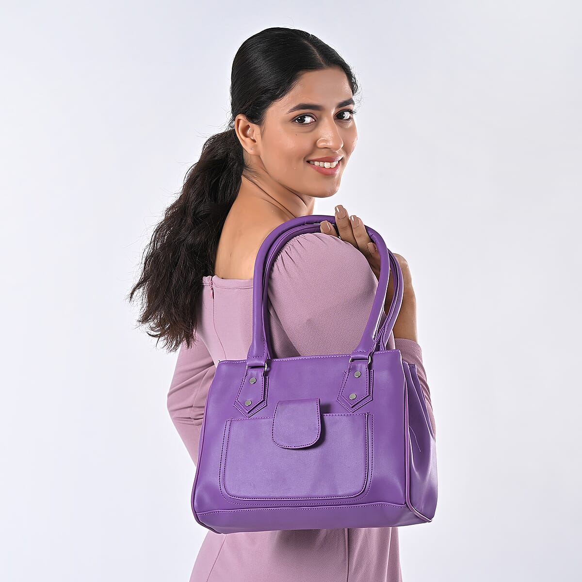 Purple Faux Leather 3 Compartment Handbag with Dual Handles image number 3