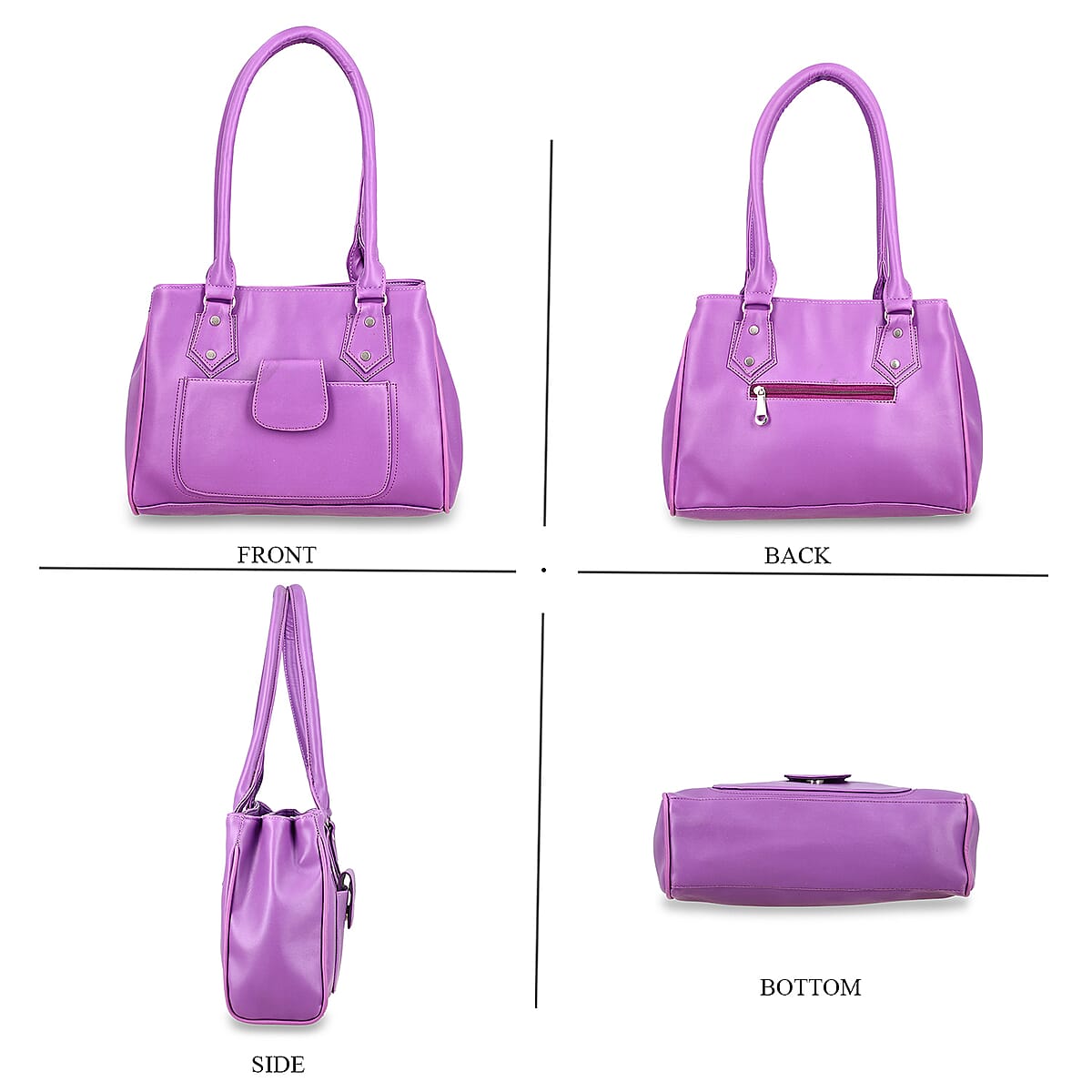 Purple Faux Leather 3 Compartment Handbag with Dual Handles image number 4