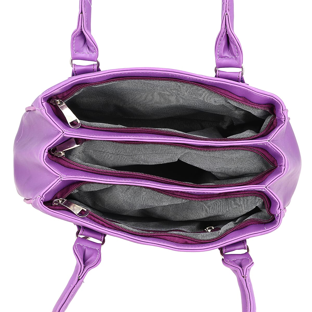 Purple Faux Leather 3 Compartment Handbag with Dual Handles image number 5