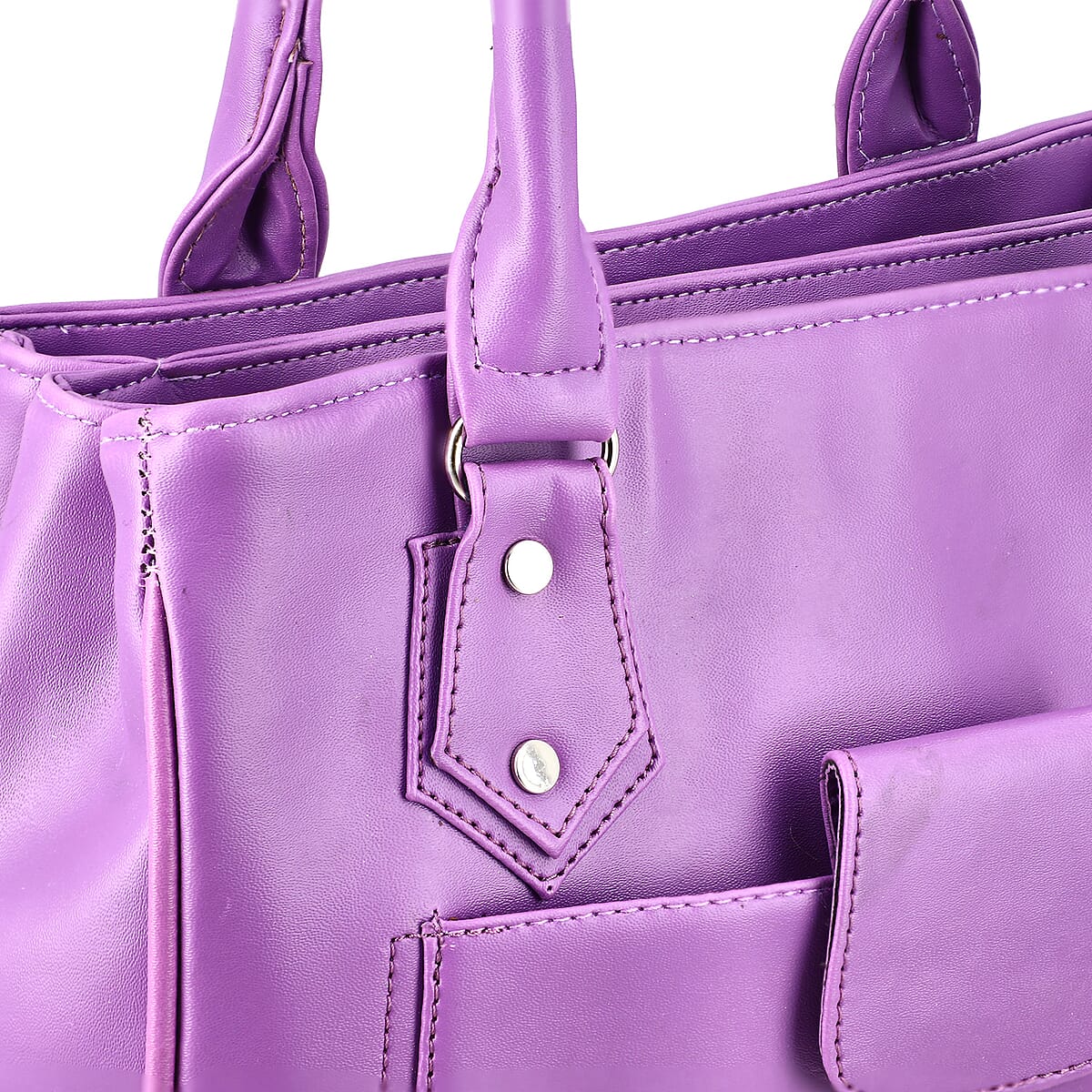Purple Faux Leather 3 Compartment Handbag with Dual Handles image number 6