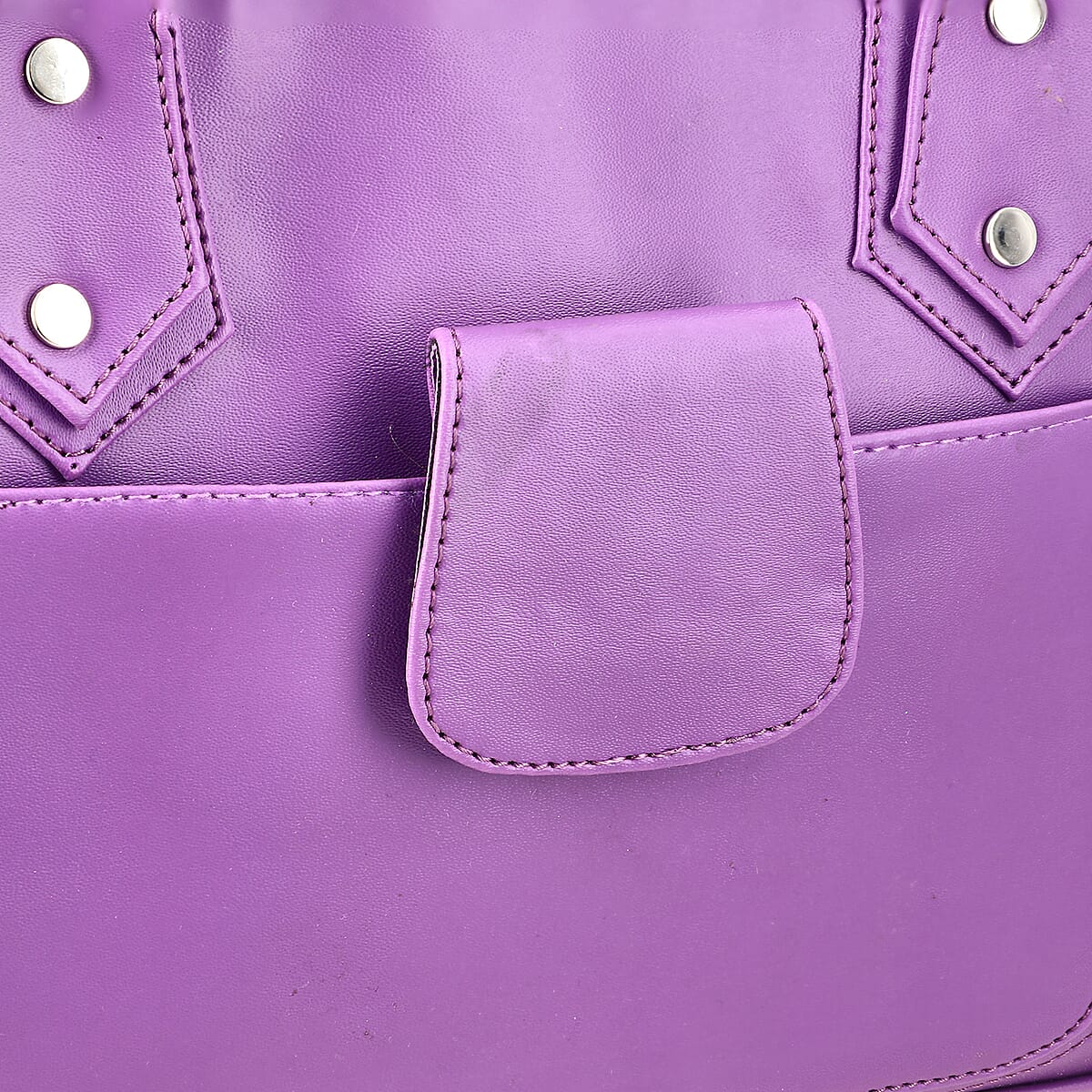 Purple Faux Leather 3 Compartment Handbag with Dual Handles image number 7