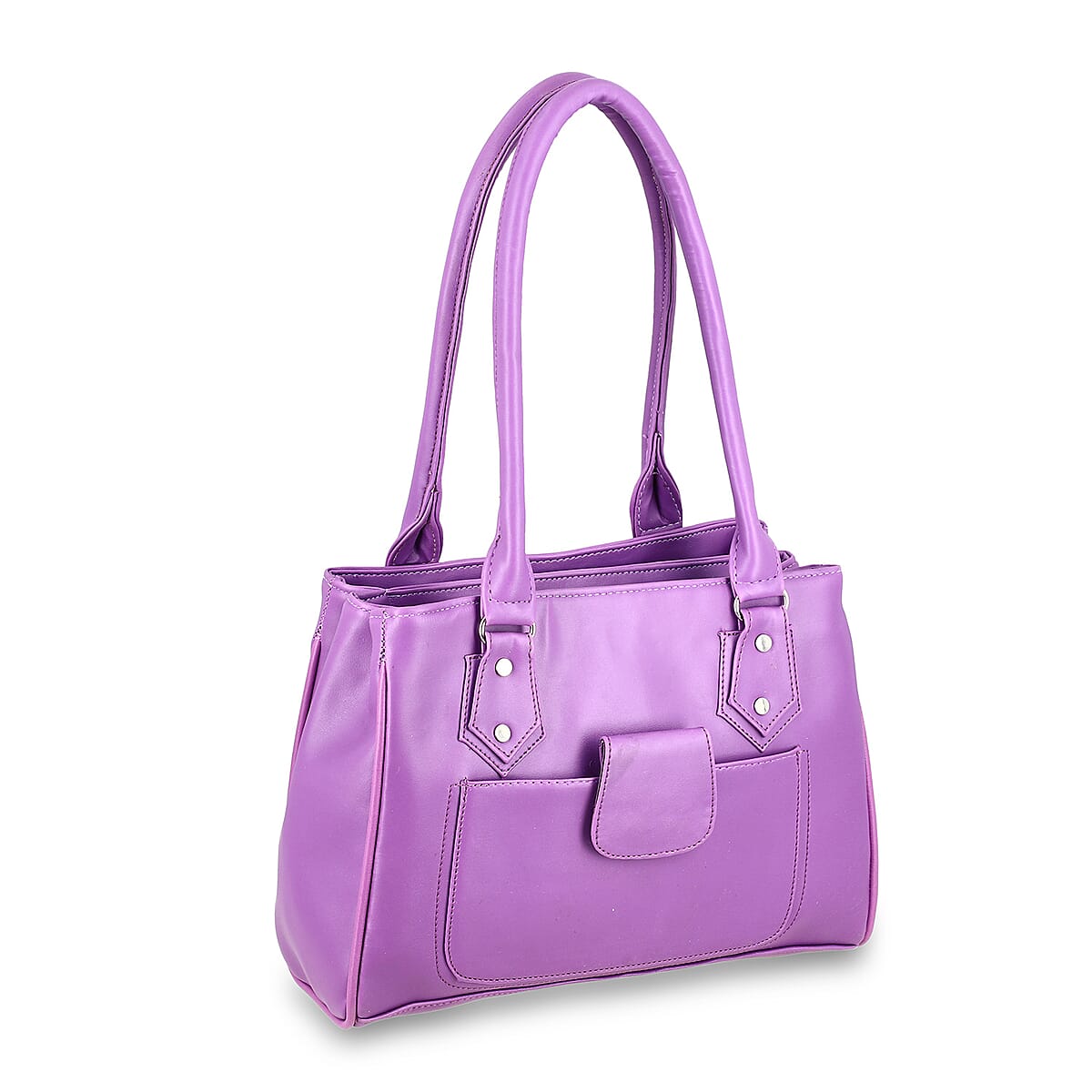 Purple Faux Leather 3 Compartment Handbag with Dual Handles image number 8