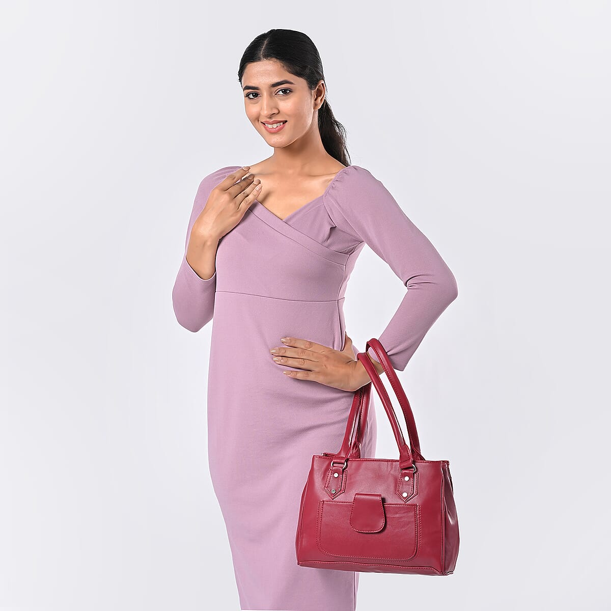 Maroon Faux Leather 3 Compartment Handbag with Dual Handles image number 1