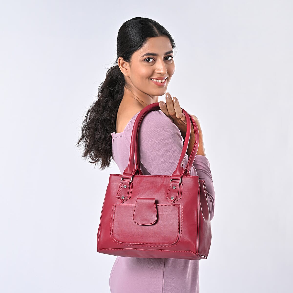 Maroon Faux Leather 3 Compartment Handbag with Dual Handles image number 2