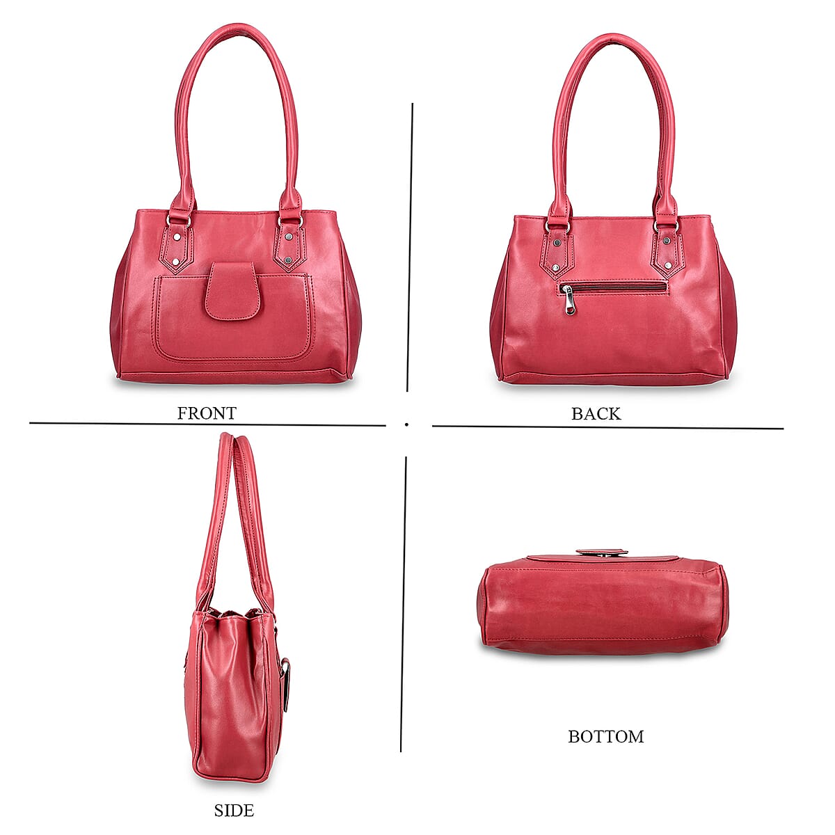 Maroon Faux Leather 3 Compartment Handbag with Dual Handles image number 4