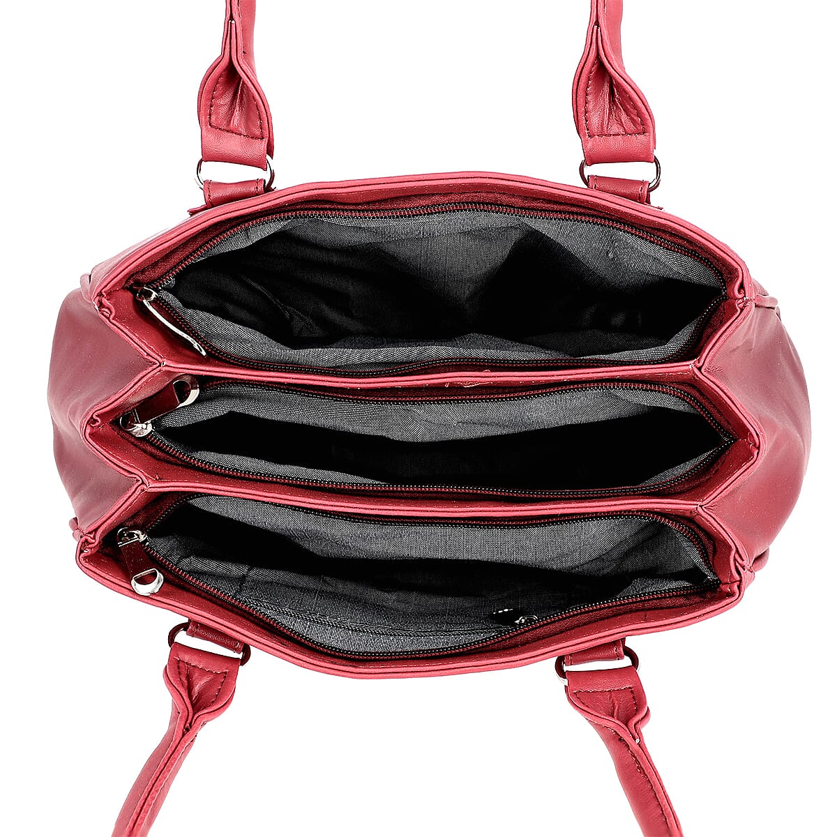 Maroon Faux Leather 3 Compartment Handbag with Dual Handles image number 5