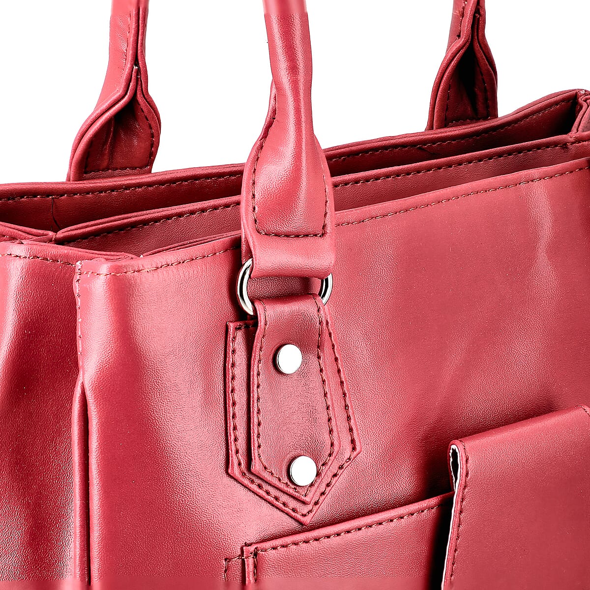 Maroon Faux Leather 3 Compartment Handbag with Dual Handles image number 6