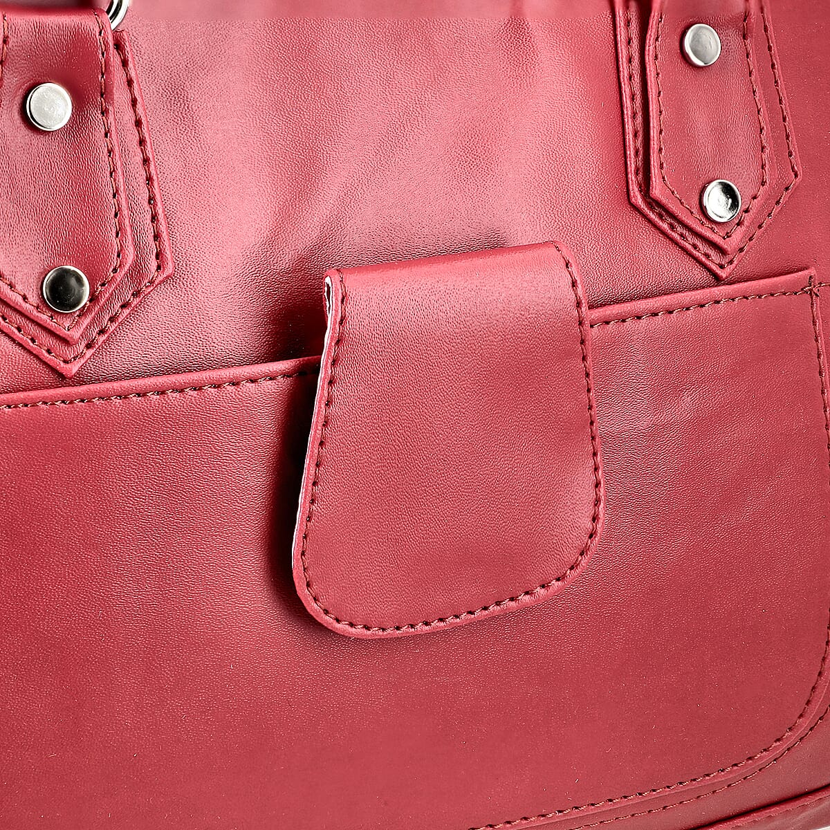 Maroon Faux Leather 3 Compartment Handbag with Dual Handles image number 7