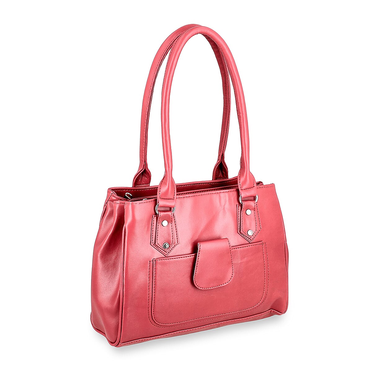 Maroon Faux Leather 3 Compartment Handbag with Dual Handles image number 8