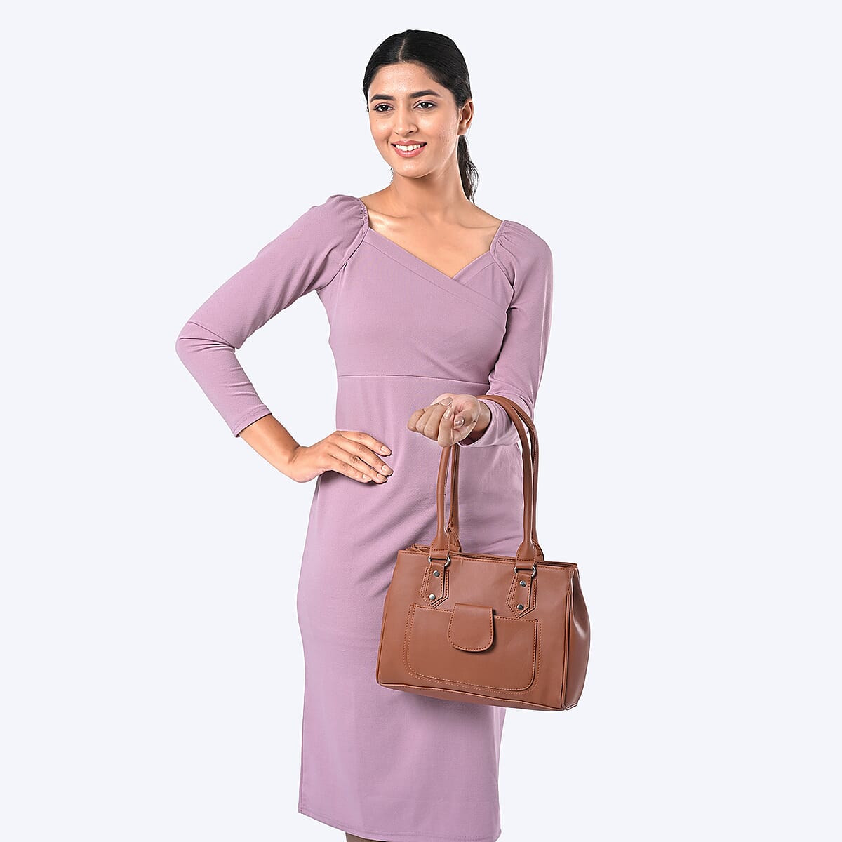 Tan Faux Leather 3 Compartment Handbag with Dual Handles image number 1