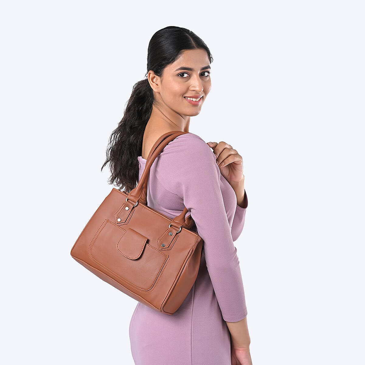 Tan Faux Leather 3 Compartment Handbag with Dual Handles image number 2