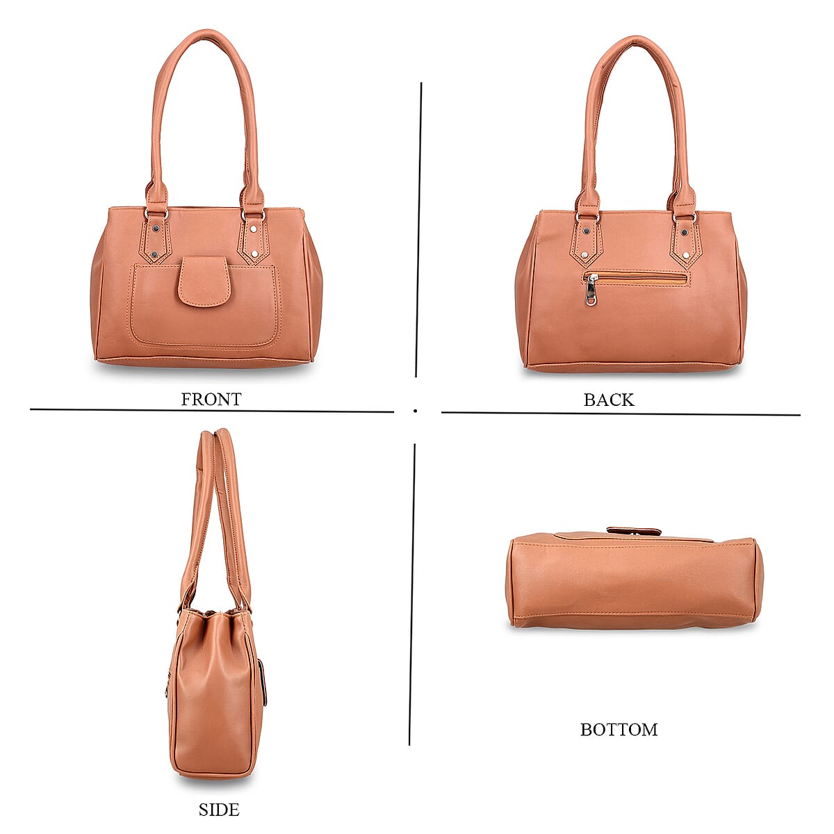 Tan Faux Leather 3 Compartment Handbag with Dual Handles image number 4