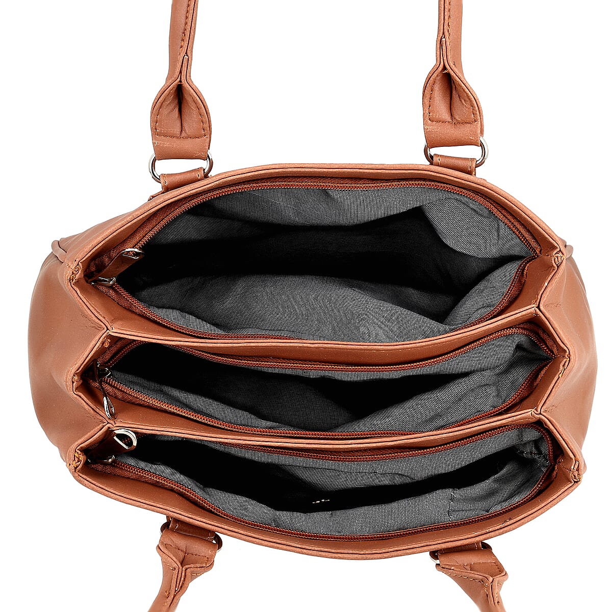 Tan Faux Leather 3 Compartment Handbag with Dual Handles image number 5