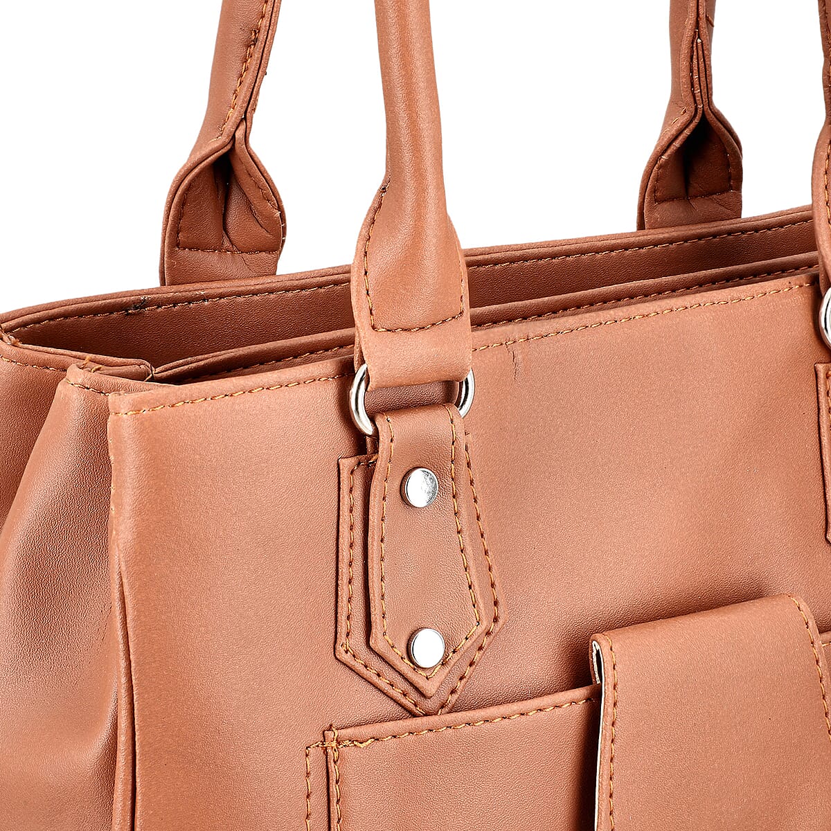 Tan Faux Leather 3 Compartment Handbag with Dual Handles image number 6