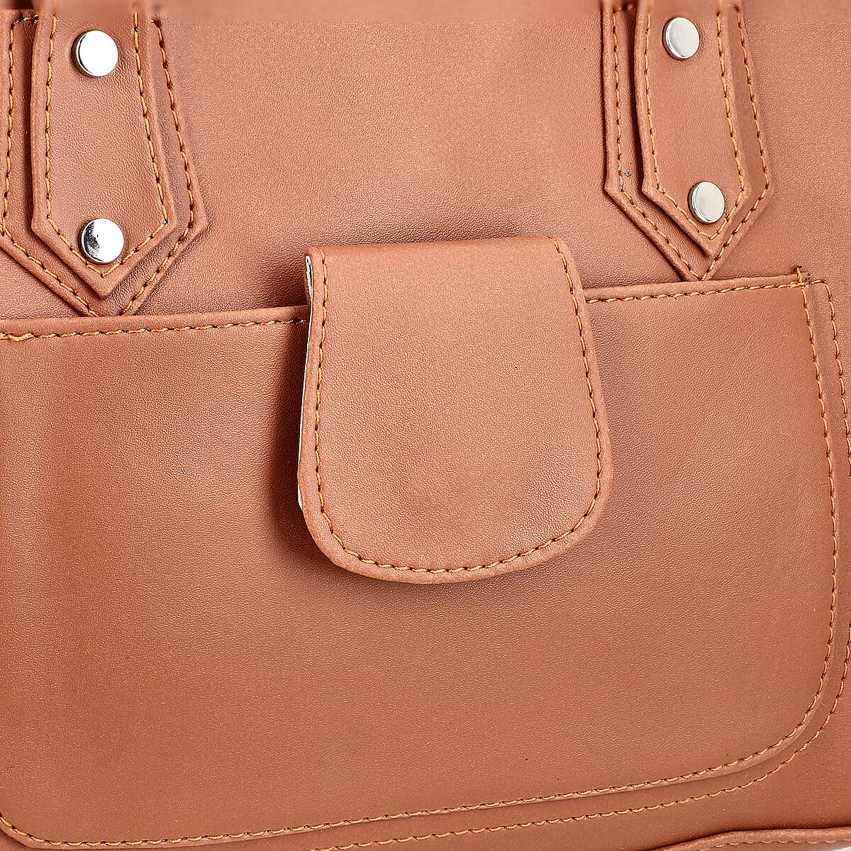 Tan Faux Leather 3 Compartment Handbag with Dual Handles image number 7