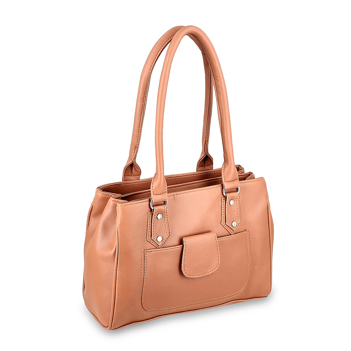Tan Faux Leather 3 Compartment Handbag with Dual Handles image number 8
