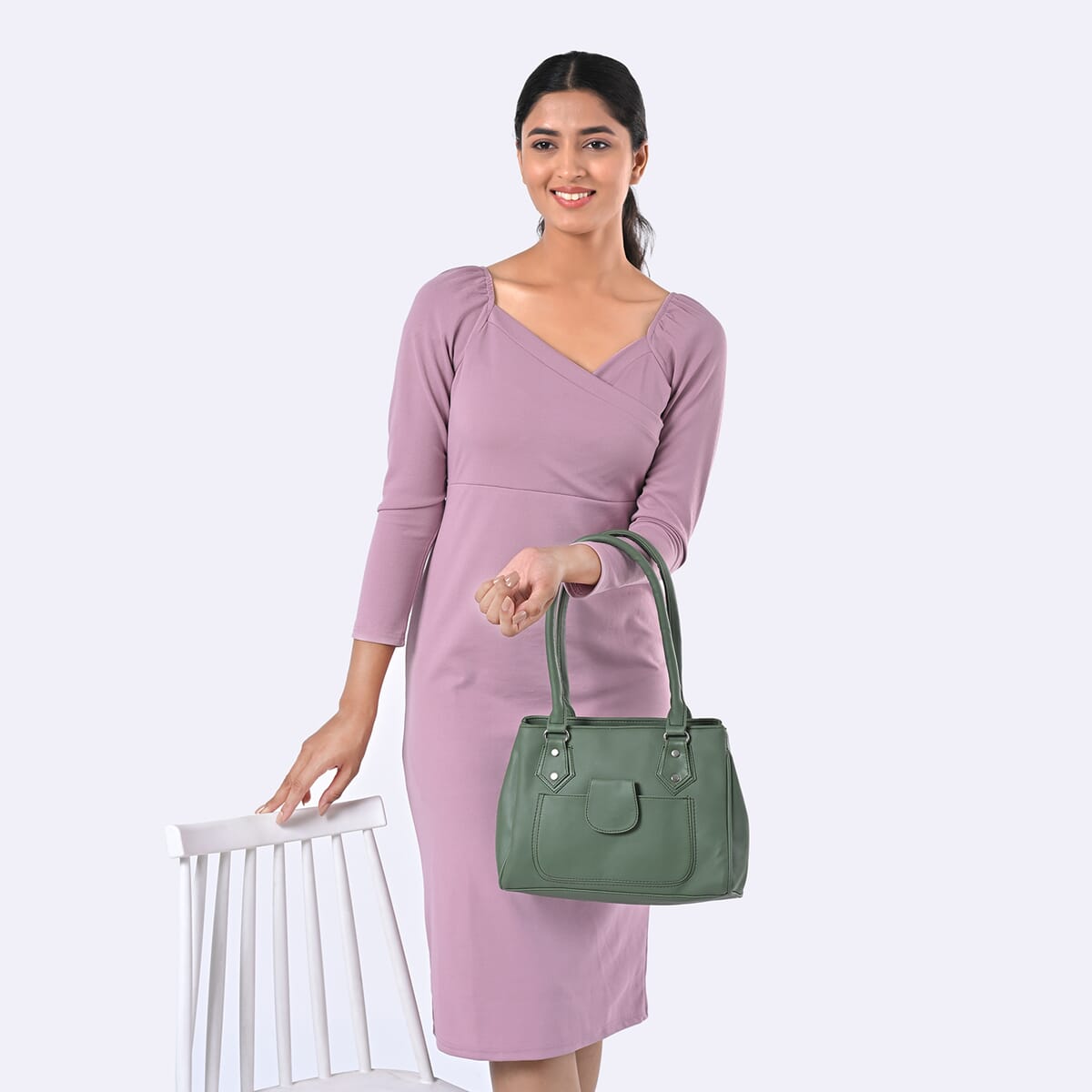 Green Faux Leather 3 Compartment Handbag with Dual Handles image number 1