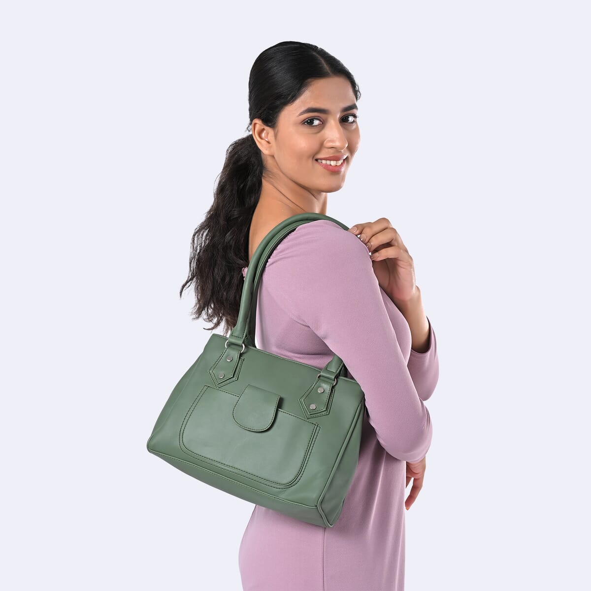 Green Faux Leather 3 Compartment Handbag with Dual Handles image number 3