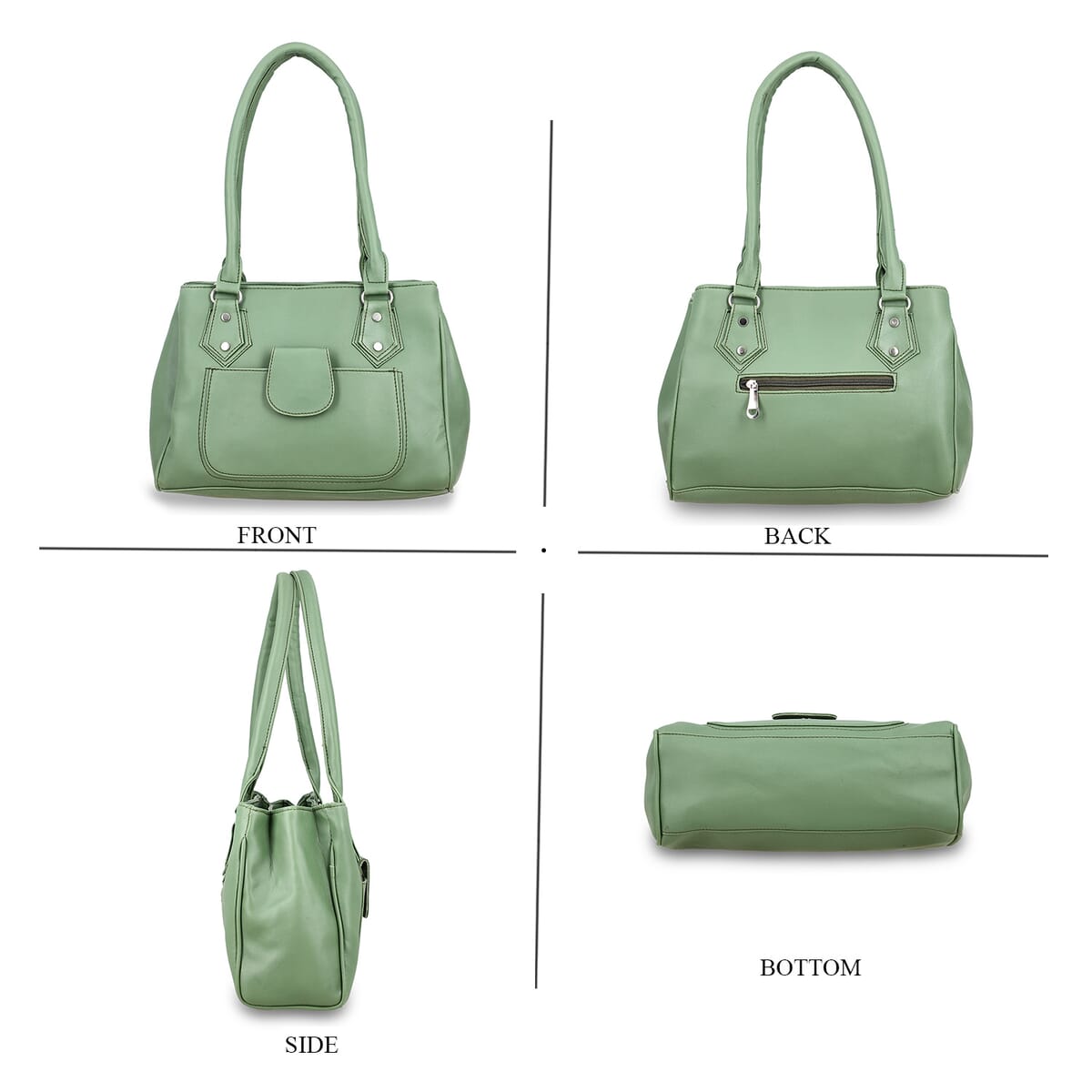 Green Faux Leather 3 Compartment Handbag with Dual Handles image number 4