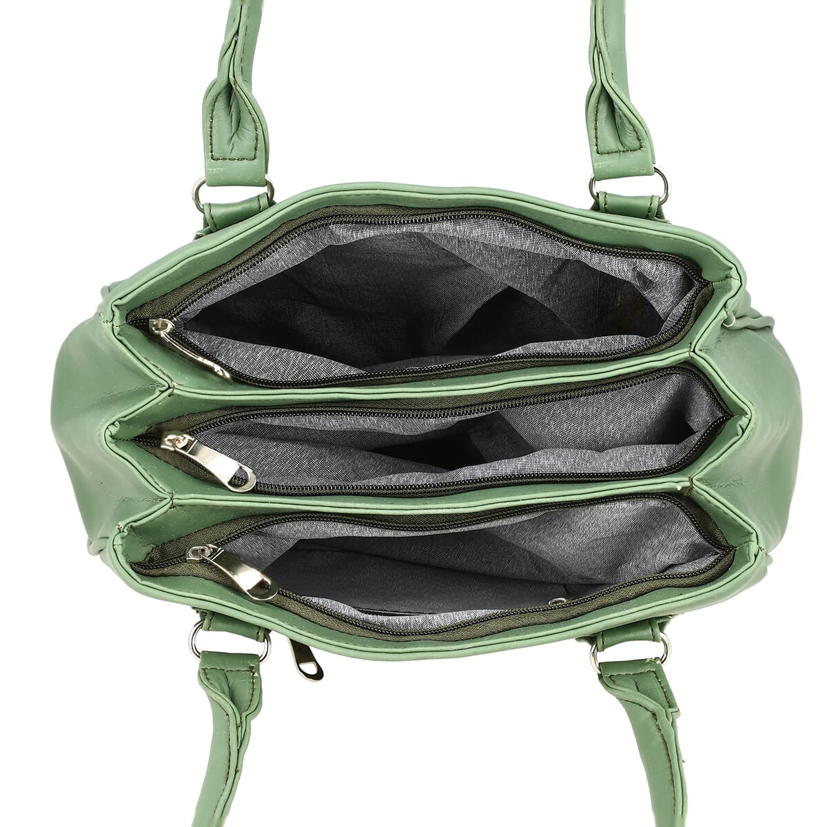 Green Faux Leather 3 Compartment Handbag with Dual Handles image number 5