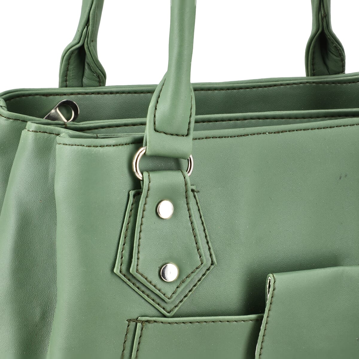 Green Faux Leather 3 Compartment Handbag with Dual Handles image number 6