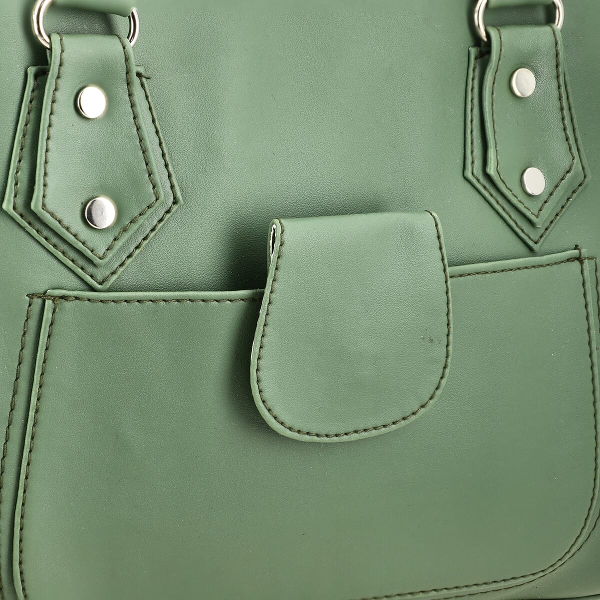 Green Faux Leather 3 Compartment Handbag with Dual Handles image number 7