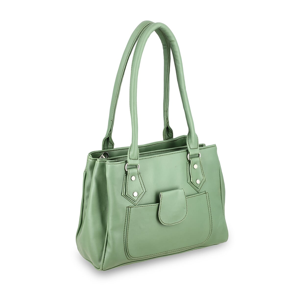 Green Faux Leather 3 Compartment Handbag with Dual Handles image number 8